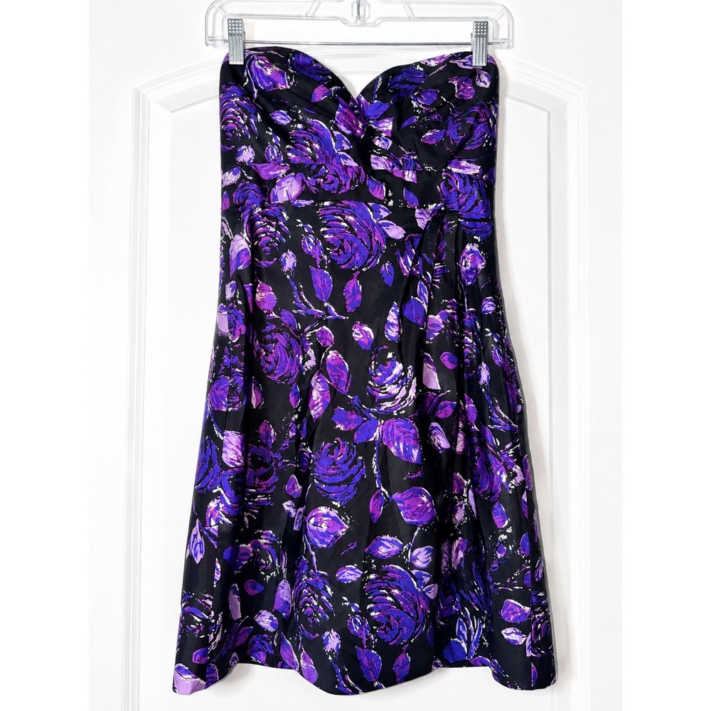 Tibi 100% Silk Purple Floral Strapless Sweetheart Cocktail Dress Rose